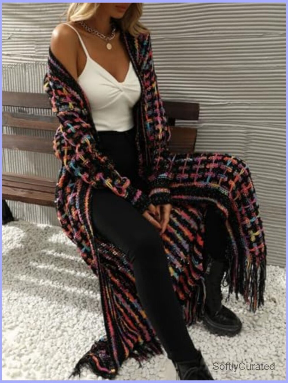 Womens Long Chunky Knit Cardigan Sweater Open Front Fringe Tassels Boho Western - Picture 7 of 7